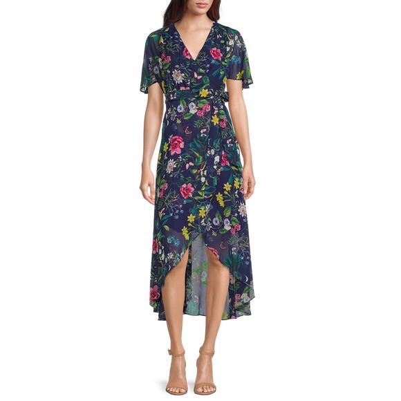 Eliza J Floral Printed Faux Wrap Midi Dress Hi Lo Hem Tie Waist Size 6 - Picture 2 of 11